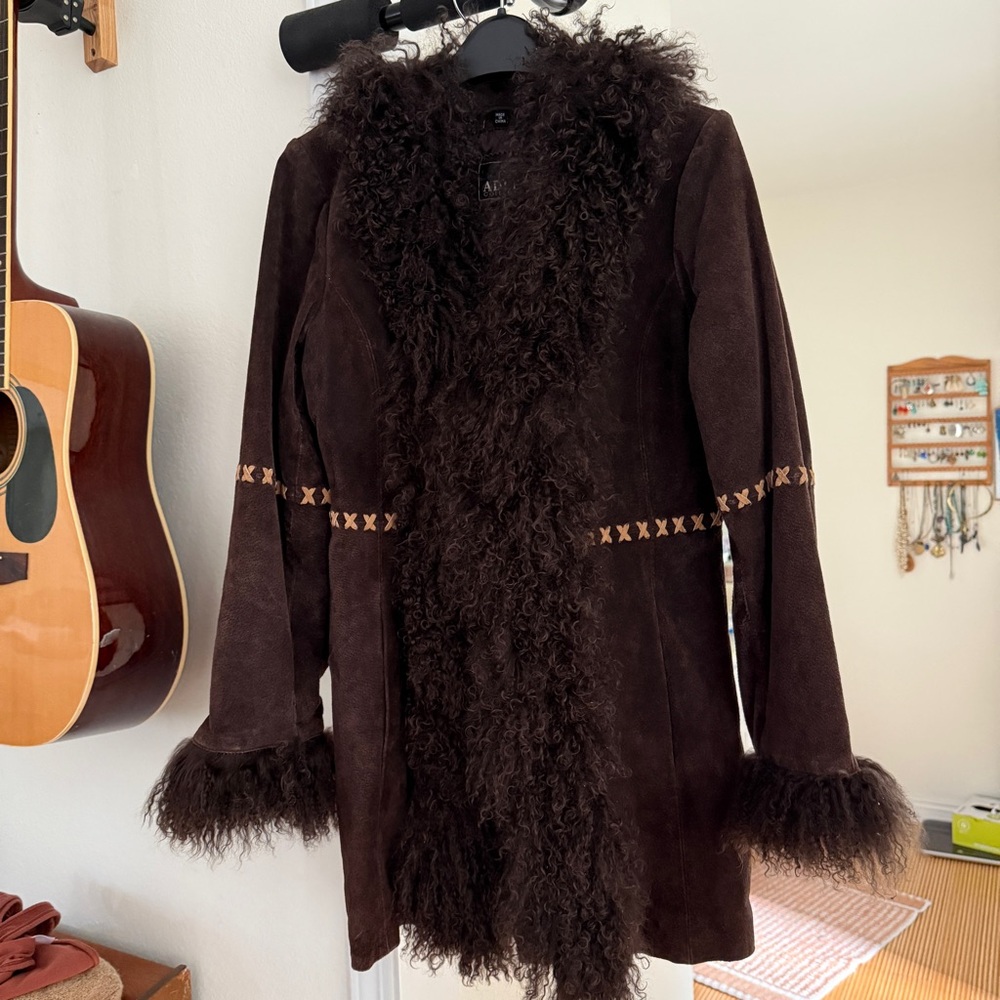 Y2K Genuine Suede Leather Chocolate Brown long Coat with suede stitch Lamb Fur - Picture 2 of 11